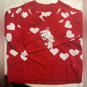 Red Heart Patterned Women's Sweater with matching earrings size large, new